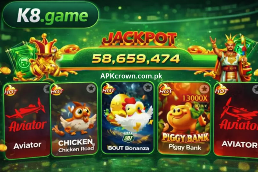 K6 Game jackpot banner showing 58,659,474 prize pool with hot games including Aviator, Chicken Road, Bout Bonanza, and Piggy Bank 13000x on green themed background with APKcrown.com.pk watermark.