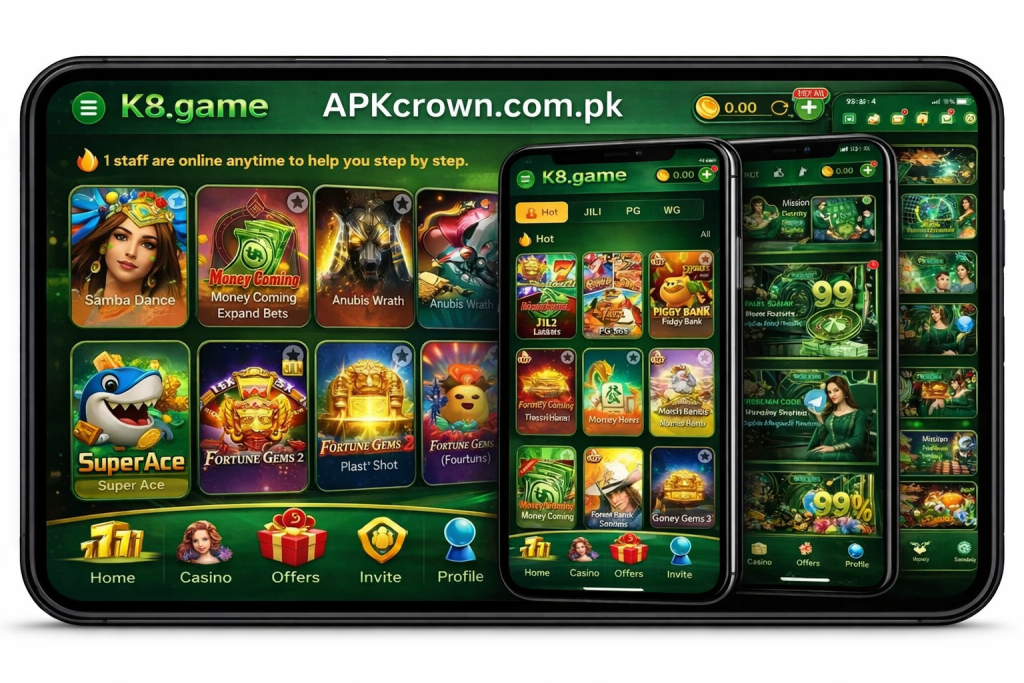 K6 Game app interface displayed on tablet and mobile screens showing popular games including Samba Dance, Money Coming, Fortune Gems, and SuperAce with green themed casino lobby and APKcrown.com.pk watermark.