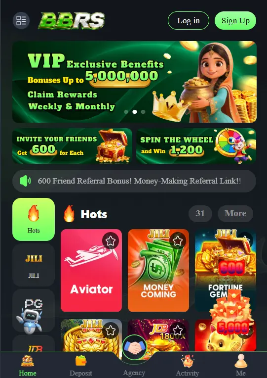 BBRS online casino mobile app homepage showing VIP exclusive benefits banner with 5,000,000 bonus offer, referral and spin-the-wheel promotions, and a grid of hot games including Aviator, Money Coming, and Fortune Gem