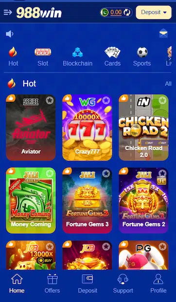 Screenshot of the 988Win Game online casino mobile app homepage showing a navigation bar with game categories (Hot, Slot, Blockchain, Cards, Sports) and a grid of featured games including Aviator, Crazy777, Chicken Road 2.0, Money Coming, Fortune Gems 3, Fortune Gems 2, and others, with a bottom menu bar containing Home, Offers, Deposit, Support, and Profile tabs.