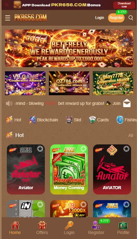 PKR656.com mobile app interface displaying popular games Aviator, Money Coming and JDB with game categories and register button visible on Android screen Pakistan 2026