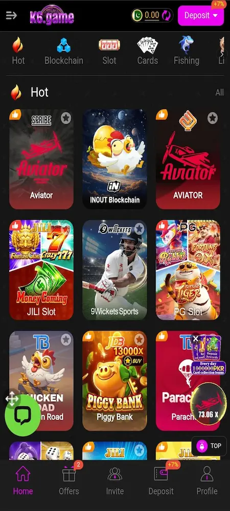 K6 Game app home screen showing hot games list with Aviator, slots, cards, fishing and deposit option interface