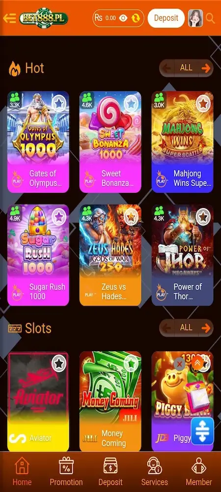 Hot games dashboard with game thumbnails and play counts including Gates of Olympus, Sweet Bonanza 1000, Zeus vs Hades, Power of Thor, Sugar Rush 1000, and Mahjong Wins Super Scatter