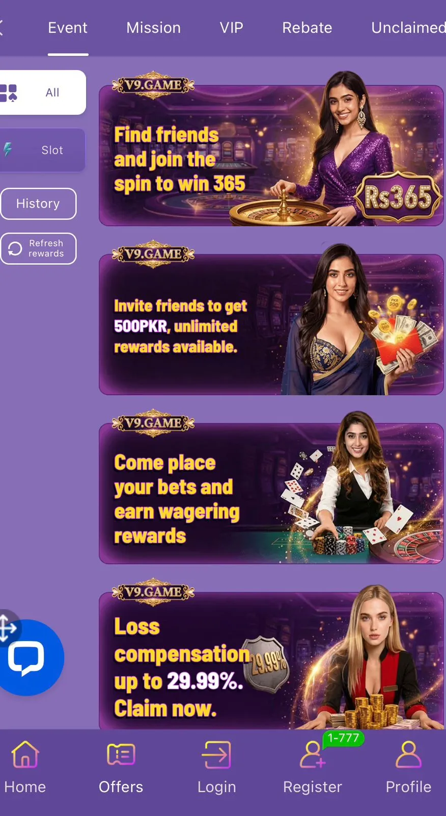 V9 Game Events Page - Spin to Win Rs365, Invite Friends 500PKR Bonus, Wagering Rewards and 29.99% Loss Compensation Pakistan