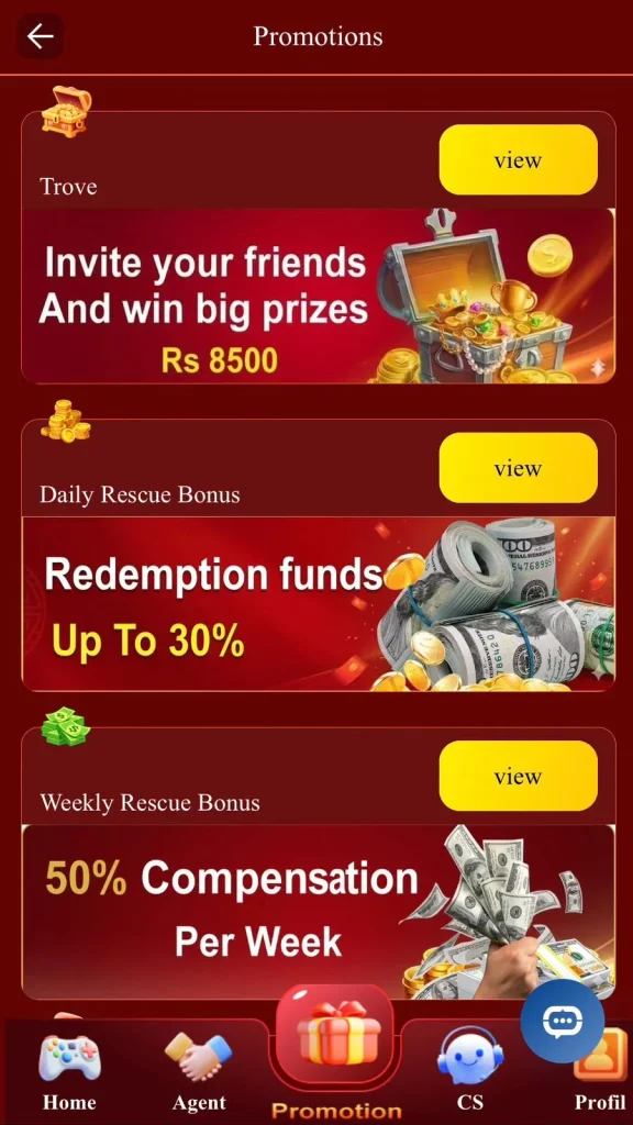 PK080.com Promotions page screenshot showing three bonus offers: Trove invite friends bonus up to Rs 8500, Daily Rescue Bonus with redemption funds up to 30%, and Weekly Rescue Bonus with 50% compensation per week, with bottom navigation including Home, Agent, Promotion, CS, and Profile tabs