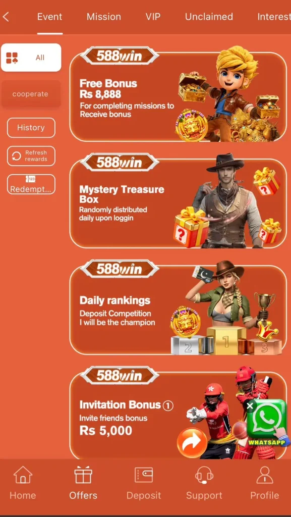588win game app bonus offers free Rs 8888 reward mystery box daily ranking invitation bonus Pakistan