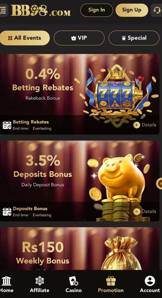 BB98 Game APK – 0.4% Betting Rebates, 3.5% Daily Deposit Bonus aur Rs150 Weekly Bonus on BB98.com Pakistan