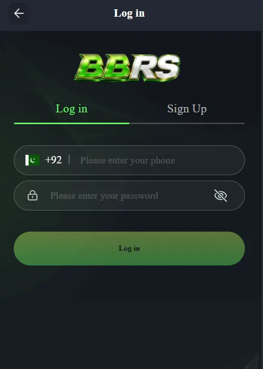 BBRS app login screen with Pakistan country code +92 phone number field, password field, and a green Log in button, with a Sign Up tab option at the top
