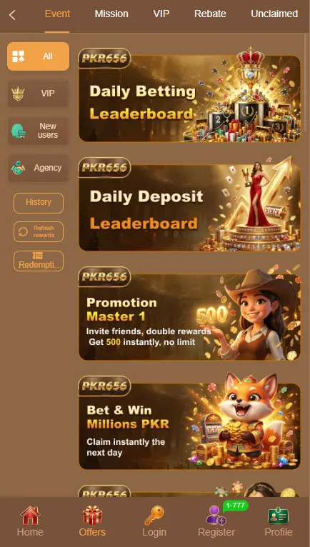 PKR656.com events section displaying VIP rewards, new user offers, agency program, daily betting leaderboard, daily deposit leaderboard, promotion master bonus and bet and win millions PKR offers on Android 2026