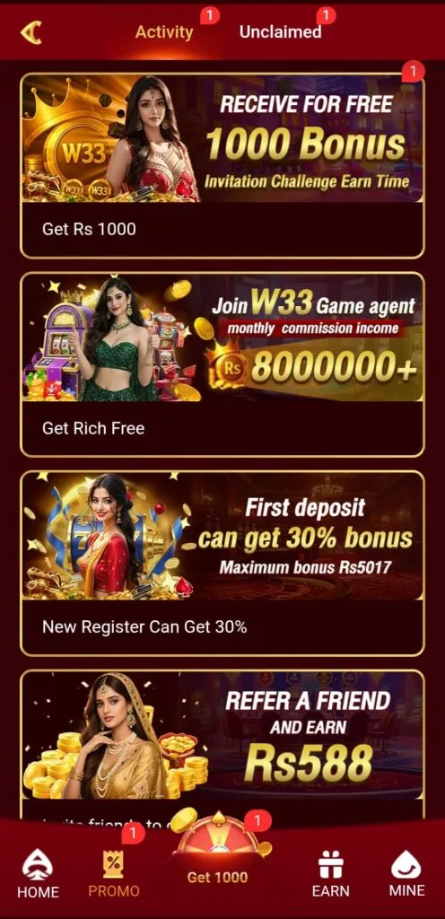 W33 Game app promotion screen showing 1000 bonus, referral reward Rs588, and 30% first deposit bonus offers