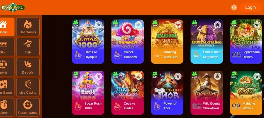  Bet888 Game lobby interface showing popular slots like Olympus 1000, Bonanza, Sweet Bonanza, Mahjong Wins, Buffalo King, and Leprechaun, with player counts and Hot Games section

