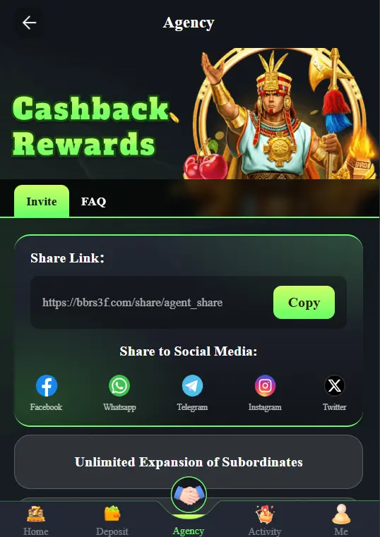 
BBRS Agency page showing a Cashback Rewards banner, a referral share link with a Copy button, social media sharing options for Facebook, WhatsApp, Telegram, Instagram, and Twitter, and an Unlimited Expansion of Subordinates section
