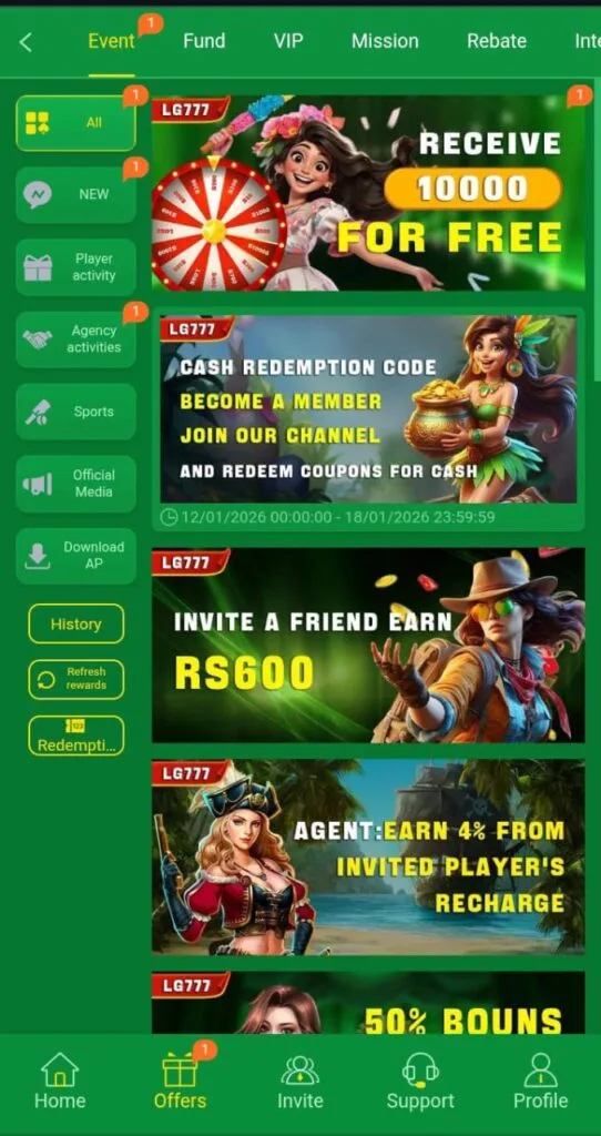 LG777 Game Bonuses Events Free 10000 Invite Friend Rs600 Agent 4% Pakistan