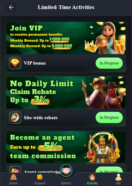 BBRS Limited-Time Activities page displaying three promotions: Join VIP with weekly rewards up to 1,000,000 and monthly up to 5,000,000; No Daily Limit site-wide rebate up to 3%; and Become an Agent earning up to 5% team commission, each marked as In Progress