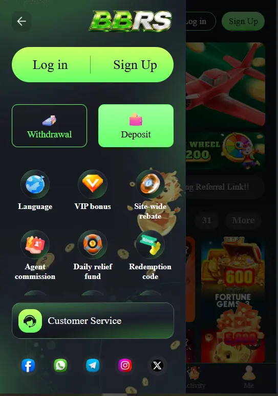 
BBRS app side menu showing Log in and Sign Up buttons, Withdrawal and Deposit options, and quick access icons for Language, VIP Bonus, Site-wide Rebate, Agent Commission, Daily Relief Fund, and Redemption Code, with a Customer Service button and social media links for Facebook, WhatsApp, Telegram, Instagram, and Twitter at the bottom