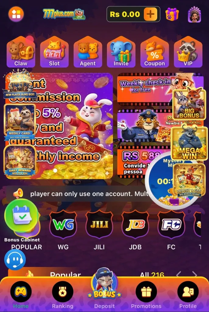 777plus Game app home screen showing slots, claw games, agent commission, weekly check-in bonus and game providers JILI, JDB, WG and FC