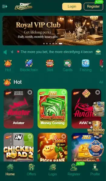EQ668 Game mobile app interface showing casino games, slots, and login register options