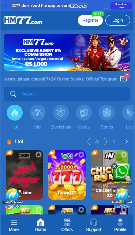 HM77.com mobile homepage showing registration and login buttons, an exclusive 5% agent commission banner, game category icons, and hot game thumbnails including Aviator, Crazy777, and Chicken Road