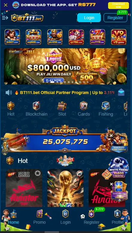 BT111.bet app home screen with hot games, live jackpot counter, and download banner