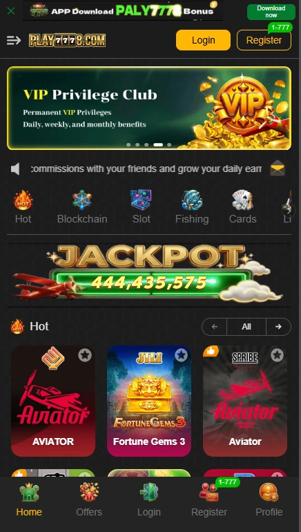 7778 Game App Home Page Showing VIP Privilege Club Jackpot Hot Games Aviator and Fortune Gems 3 2026