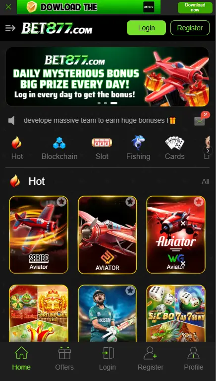 BET877.com mobile app homepage showing daily mysterious bonus banner, hot games including Aviator, Slots, Fishing, Cards and Blockchain games