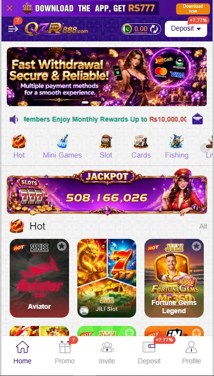 QZR888 Game interface with jackpot banner Aviator and popular slot games