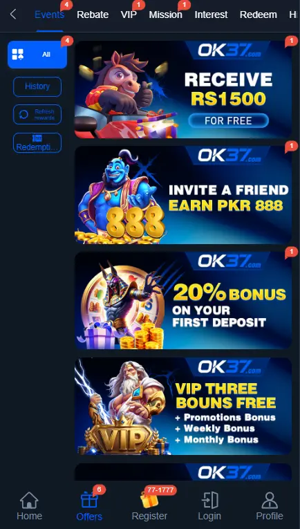 OK37.com bonus offers Pakistan RS1500 free