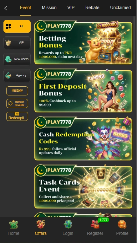 7778 Game Offers Page Showing Betting Bonus Rs1000000 First Deposit Bonus Rs9999 Cash Redemption Codes Rs999 and Task Cards Event 2026