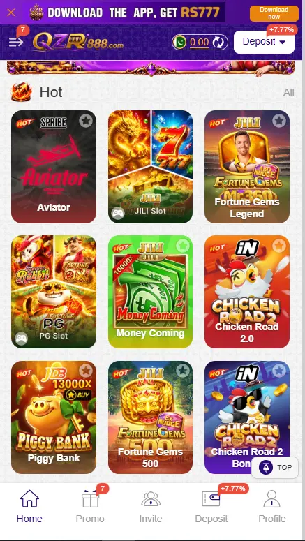QZR888 Game Android home screen with Aviator slots Fortune Gems and Money Coming