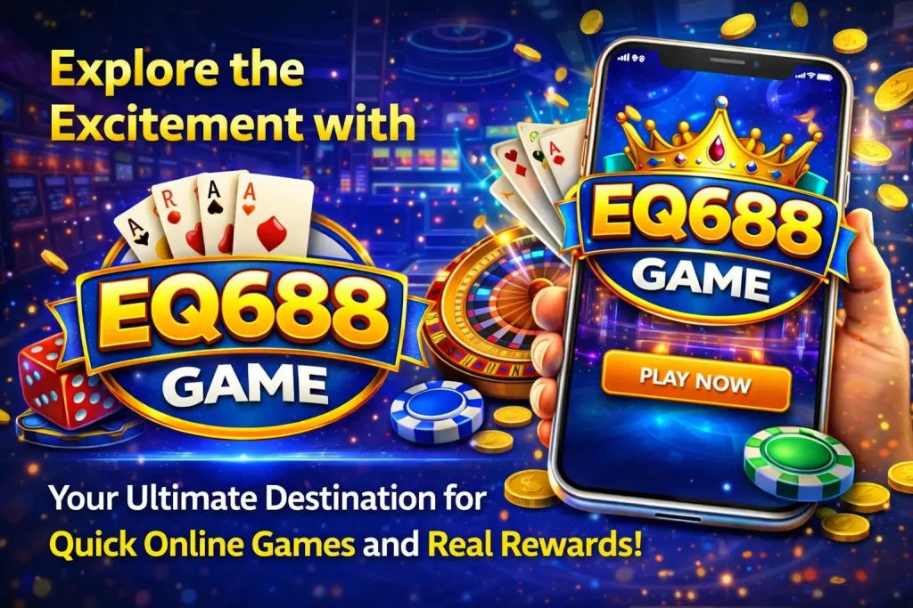 EQ688 Game promotional banner with mobile screen, poker cards, coins, and play now button