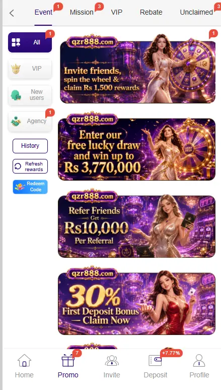 QZR888 Game promotions showing referral lucky draw and deposit bonus offers
