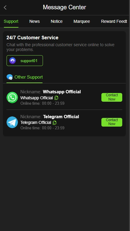 Message Center with 24/7 customer support via WhatsApp and Telegram