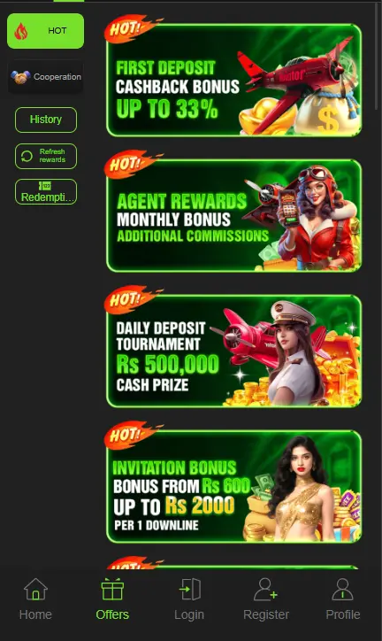 788win Game Offers Page Showing First Deposit Cashback Bonus 33 Percent Agent Rewards Daily Tournament Rs 500000 and Invitation Bonus Up to Rs 2000 Per Downline