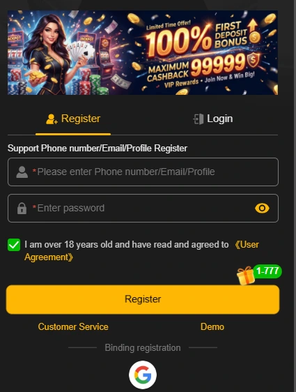 7778 Game Registration Page Showing 100 Percent First Deposit Bonus and Maximum Cashback 99999 Sign Up Form 2026
