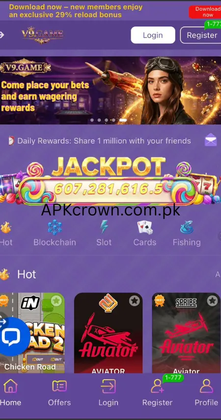 V9 Game App Screenshot - Jackpot, Slot, Cards and Blockchain Games for Pakistani Users
