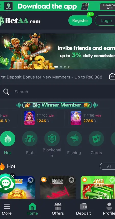 Betaa Game App Interface Showing Invite Friends 3 Percent Daily Commission and Big Winner Members 2026