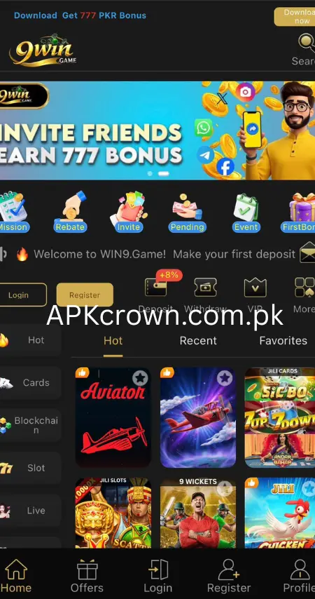 9Win Game App Interface – Invite Friends Earn 777 Bonus on Android Pakistan