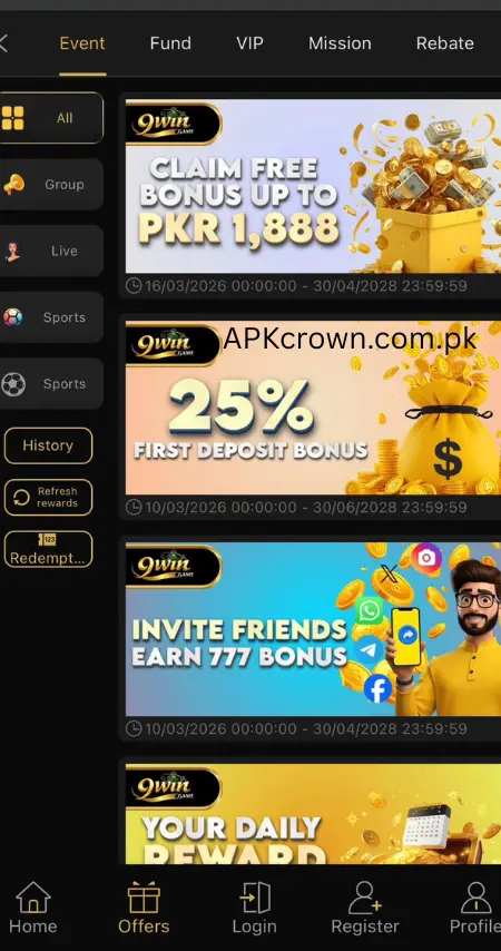 9Win Game Bonus Offers – Claim PKR 1888, 25% First Deposit & Invite Friends Earn 777