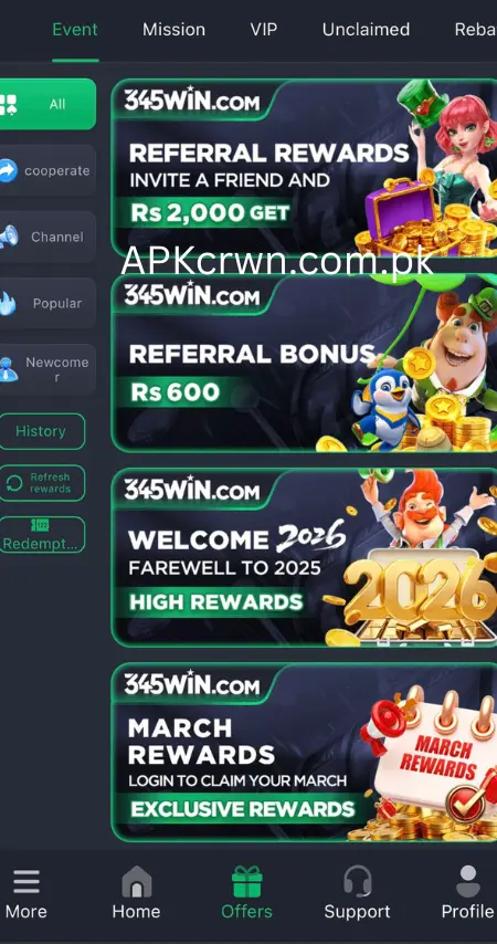 345 WIN Game Referral Rewards and Bonuses Screenshot