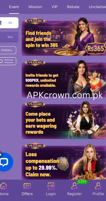 V9 Game Events Page - Spin to Win Rs365, Invite Friends 500PKR Bonus, Wagering Rewards and 29.99% Loss Compensation
