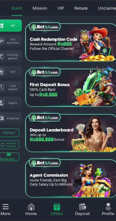 Betaa Game Offers Page Showing Cash Redemption Rs888 First Deposit Bonus Rs8888 and Agent Commission 2026