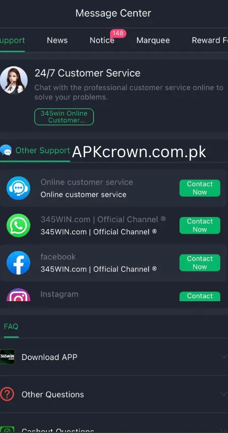 345 WIN Game Customer Support Screenshot
