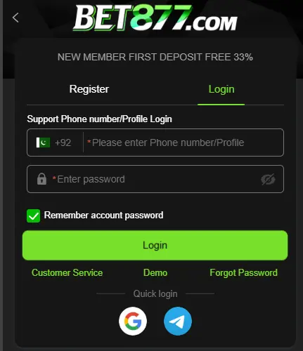BET877.com login page with phone number and password fields, remember password option, and quick login via Google or Telegram for Pakistan users