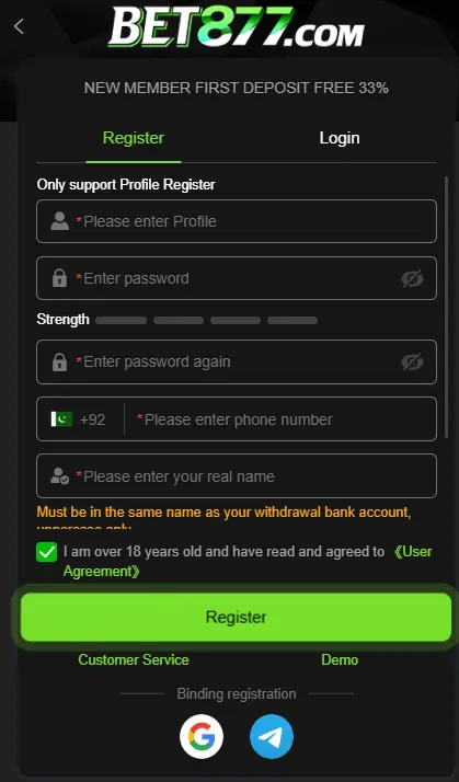 BET877.com new member registration page with profile, password, phone number and real name fields, offering 33% first deposit free bonus for Pakistan users