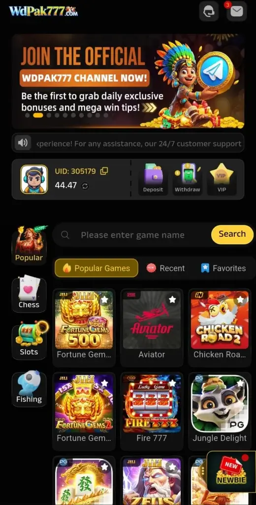 WDPAK777 Game app interface showing popular games including Fortune Gems, Aviator, Chicken Road, Fire 777 and Jungle Delight with deposit and withdraw options on Android