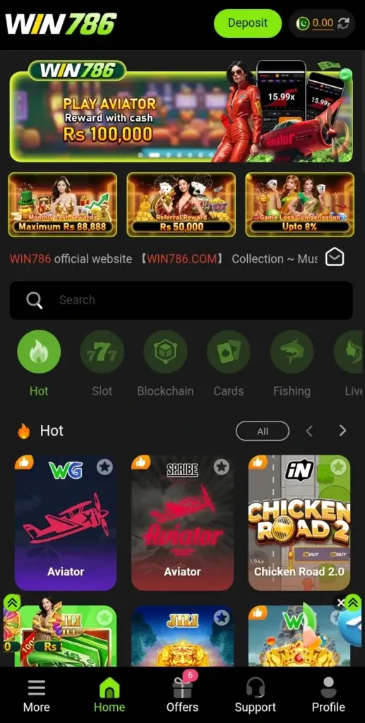 Win786 Game APK home screen showing Aviator game, slots, cards, fishing games and bonus offers in Pakistan