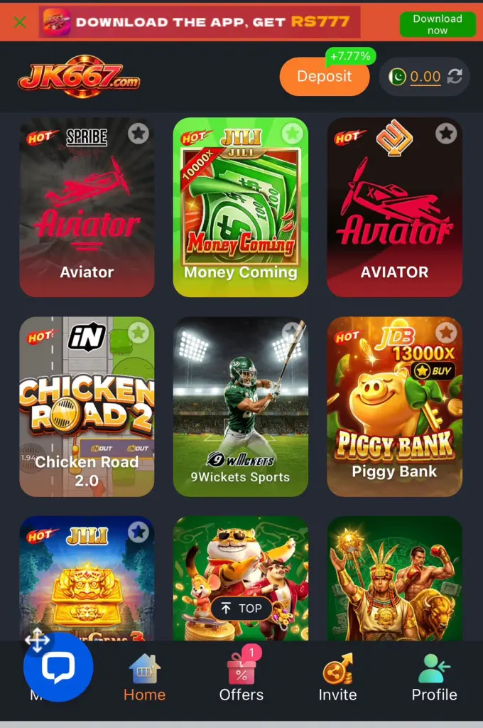JK667 Game Home Screen with Aviator Money Coming and Other Popular Games
