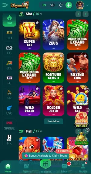 Slot / 16: Hot, JILL, JILI, SUPER ACE, MONEY COMING EXPAND BETS, ZEUS, FORTUNE GEMS 3, BOXING KING, WILD RACER, GOLDEN JOKER, WILD ACE, SPRIBE, HK, LoadMore — Fish / 17: Bonus Available to Claim Today.

