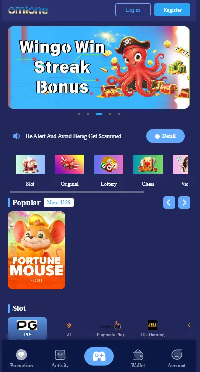 Omione Game app interface showing Wingo Win Streak Bonus banner, slot and lottery games, and popular Fortune Mouse game section