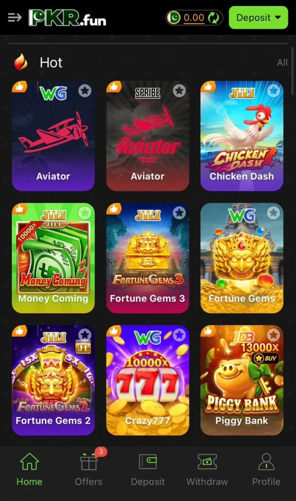 PKR fun game lobby displaying popular casino-style games like Aviator, Chicken Dash, Fortune Gems, Crazy777, and Piggy Bank with deposit and wallet options.